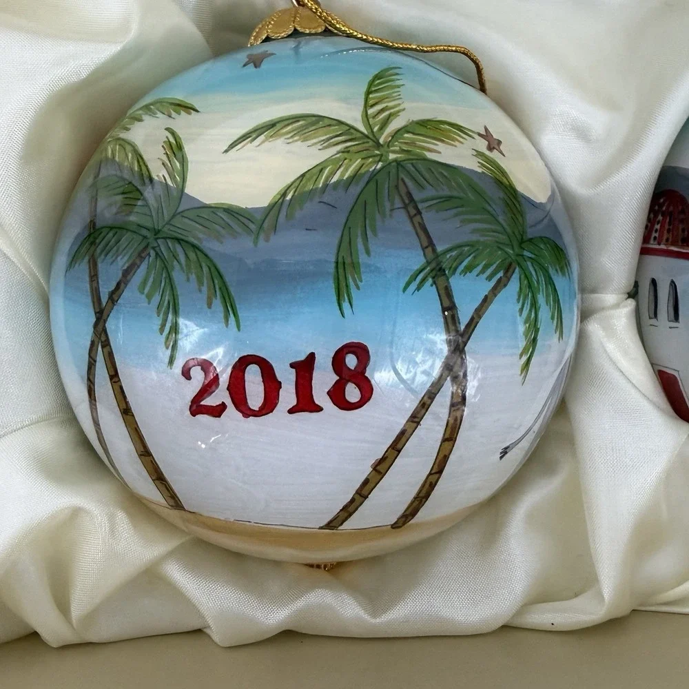 Three Hand Painted Pier One Li Bien 2018 Christmas Ornaments w/ 3 Position Box